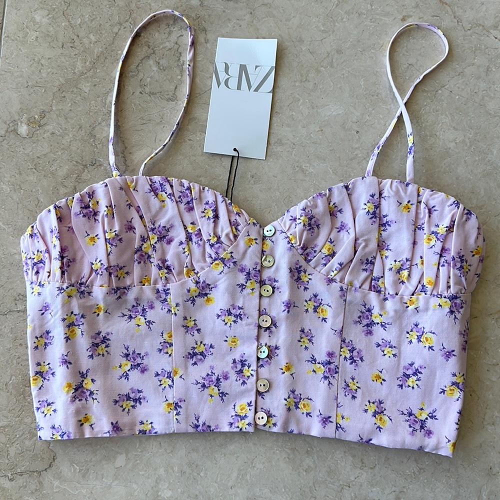 Zara Floral Printed Linen Crop Top Size S